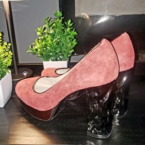NEW! Suede Platform Pumps with Unique Silver Hammered Effect Block Heel. Sz 38